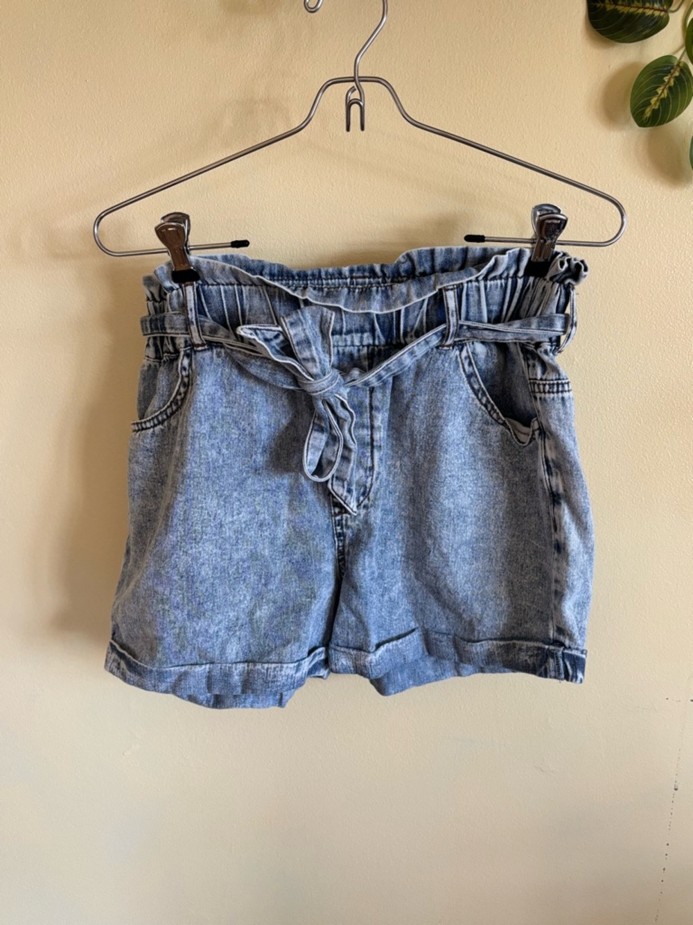 Casual Paperbag Waist Cotton Shorts - Light Blue